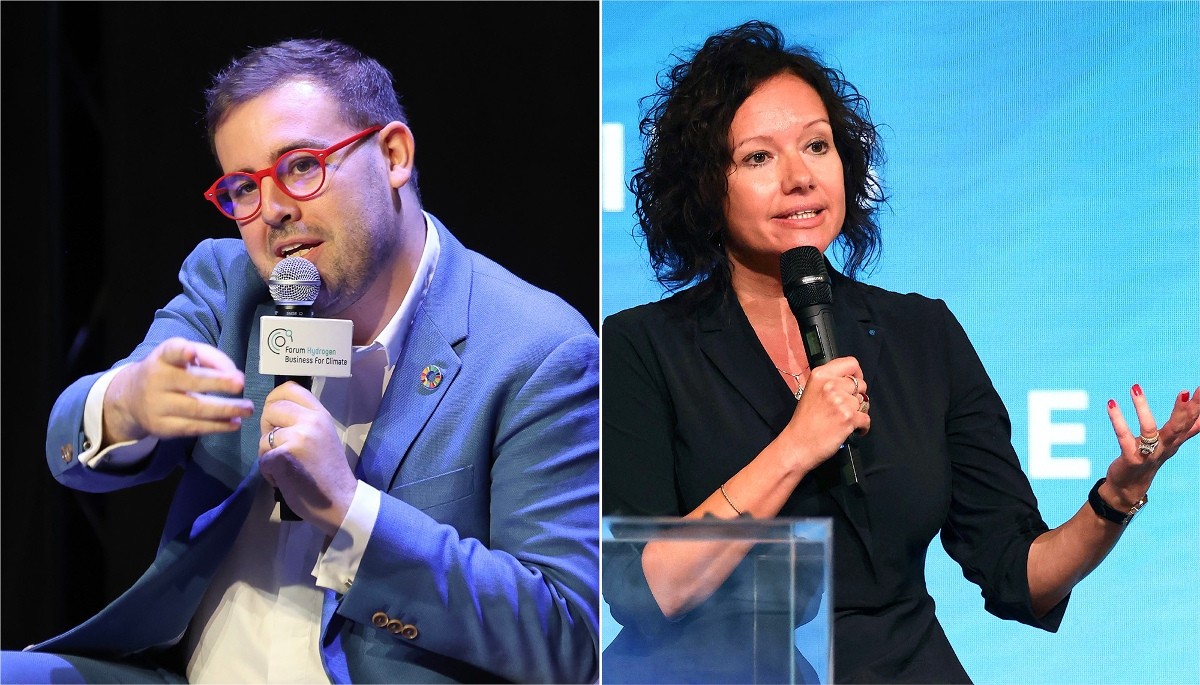 Mikaa Blugeon-Mered, chargé d'enseignement à Sciences Po et HEC Paris, lors du Forum hydrogène à Belfort, le 3 octobre 2023, et  Florence Lambert-Hognon, PDG de Genvia, lors d'une rencontre des industriels sur la décarbonation des sites, à l'Élysée, le 8 novembre 2022.
