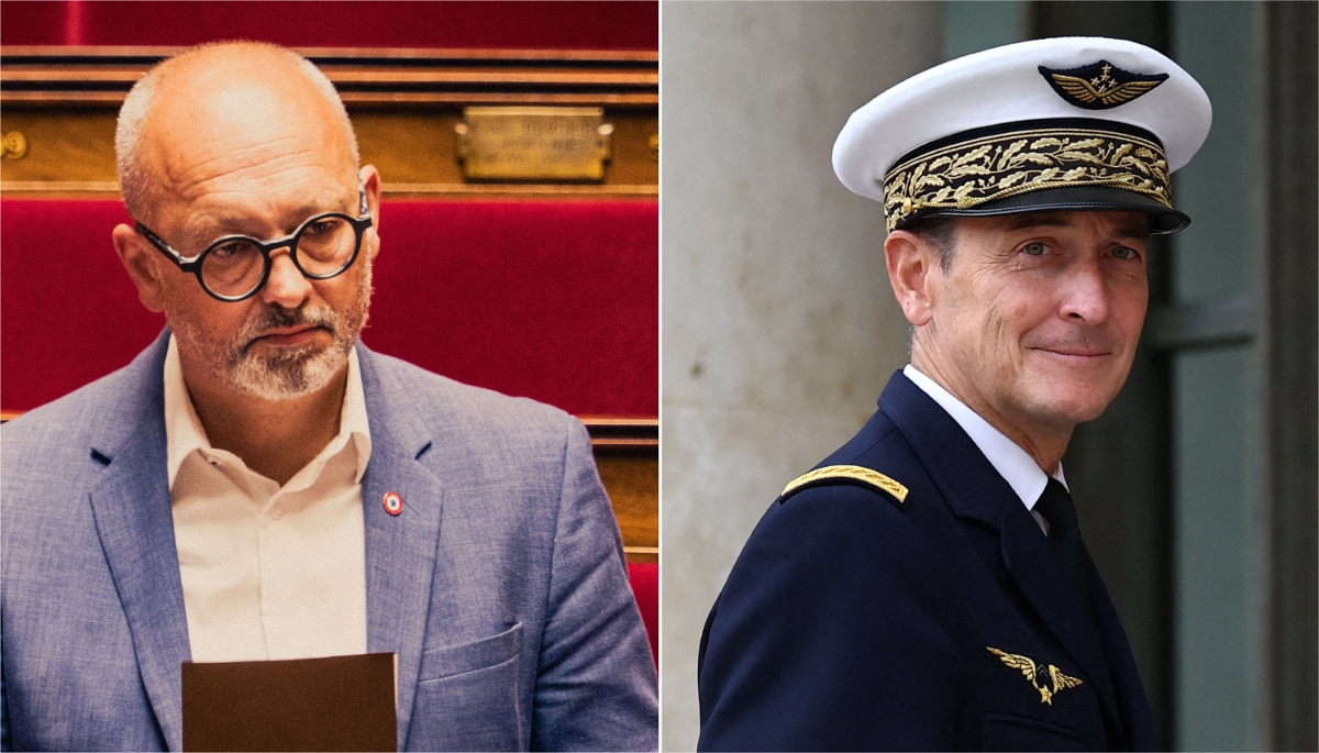Damien Girard, député du groupe Écologiste et Social, dans l'hémicycle en juin 2025 (à g.), et Fabien Mandon, chef d'état-major des armées, le 4 septembre 2025 (à dr.).