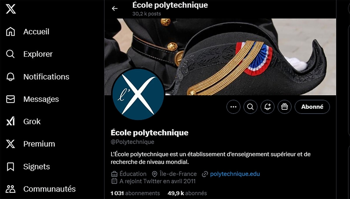 Capture d'écran de la page d'accueil du compte X de Polytechnique, le 9 janvier 2025.