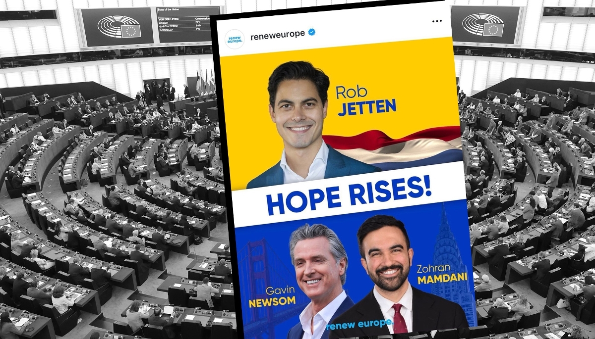 Le post de soutien de Renew au nouveau maire de New York, Zohran Mamdani. Sont aussi représentés le centriste néerlandais Rob Jetten et le gouverneur démocrate de la Californie Gavin Newsom.