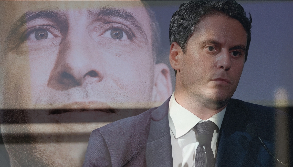 Portrait de Raphaël Glucksmann (Place publique) au soir de sa victoire à la primaire organisée par le Parti socialiste le 11 octobre 2026 ; Gabriel Attal, candidat du parti Renaissance, lors d'une réunion de l'Apig, le 14 octobre 2026. 