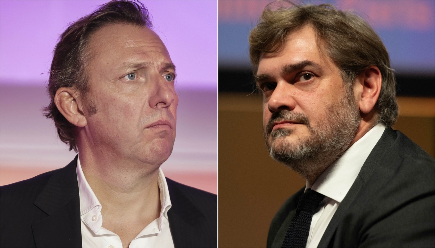 Le PDG du Point, Renaud Grand-Clément (à g.), et le directeur du magazine, Étienne Gernelle.