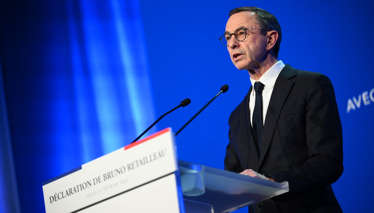 Bruno Retailleau annonçant sa candidature à l'élection présidentielle de 2027, le 12 février 2025, au Sénat.