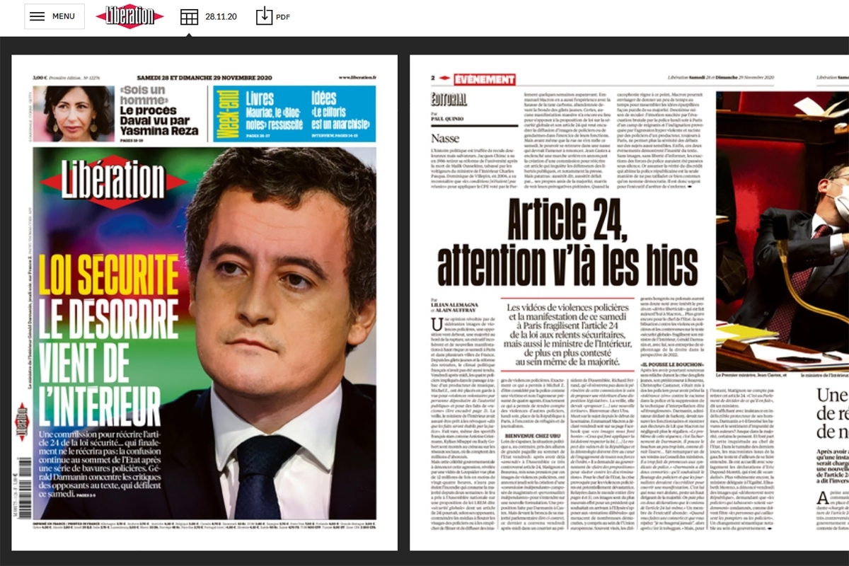 La une de Libération des 28 et 29 novembre 2020.