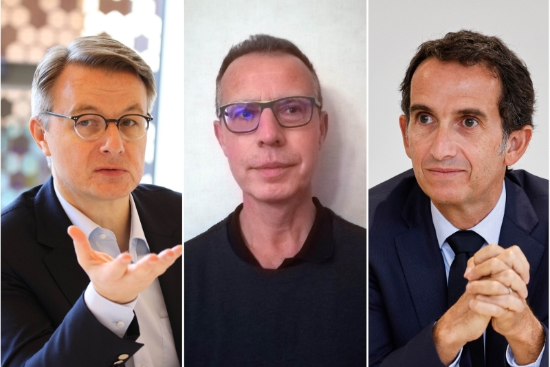 Dominique Schelcher, PDG de Système U, Jérôme Coulombel, fondateur de l'association des franchisés Carrefour et Alexandre Bompard, PDG de Carrefour.