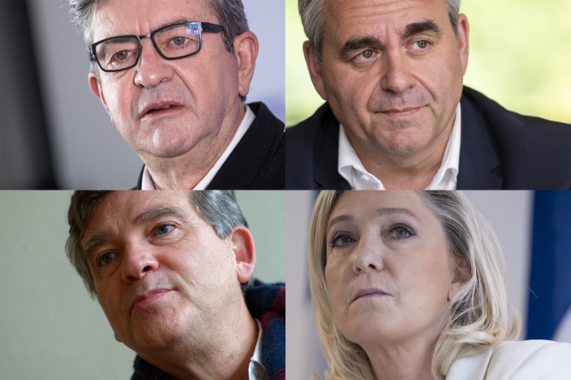 Les candidats déclarés Jean-Luc Mélenchon, Xavier Bertrand, Arnaud Montebourg et Marine Le Pen.