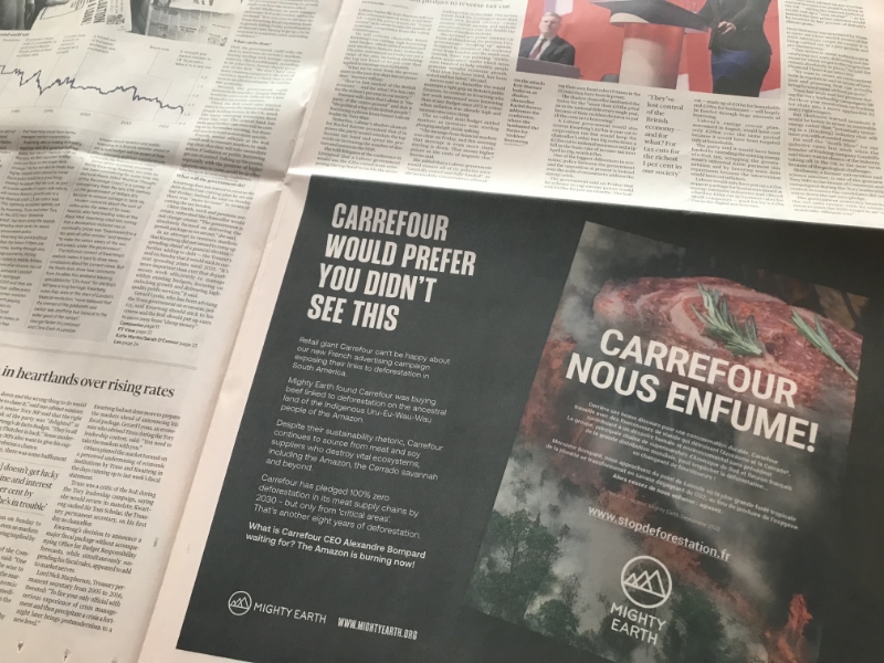 Campagne publicitaire de l'ONG Mighty Earth contre Carrefour parue dans le quotidien britannique Financial Times.