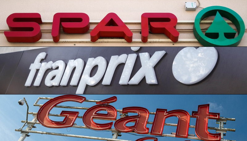 Les logos des enseignes Spar, Franprix et Géant.