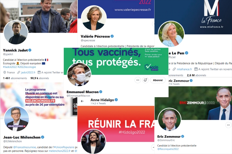Photomontage des comptes Twitter d'Anne Hidalgo, Yannick Jadot, Marine Le Pen, Emmanuel Macron, Jean-Luc Mélenchon, Valérie Pécresse et Eric Zemmour.
