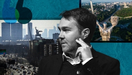 Frédéric Mazzella, le président fondateur de Blablacar. En fond : vues de Moksva-City à Moscou (g.) et de Kiev (dr.).